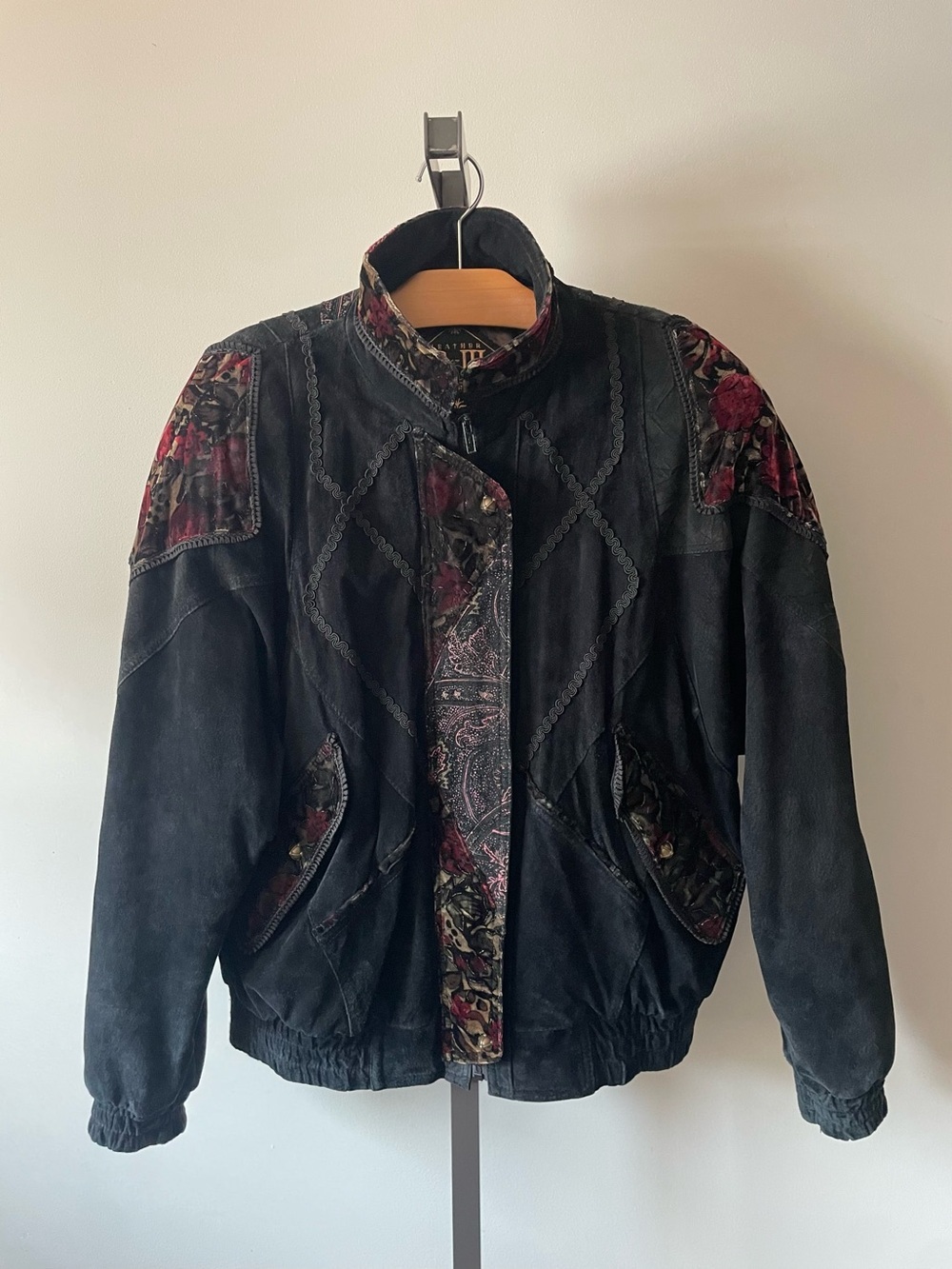 Vintage 80s G-III Suede Leather Bomber Jacket Floral Velvet Boho Grunge Fairy